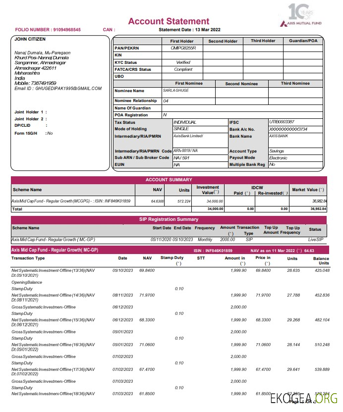 Modèle de relevé bancaire India Axis Mutual Fund, format Word et PDF, 3 pages
